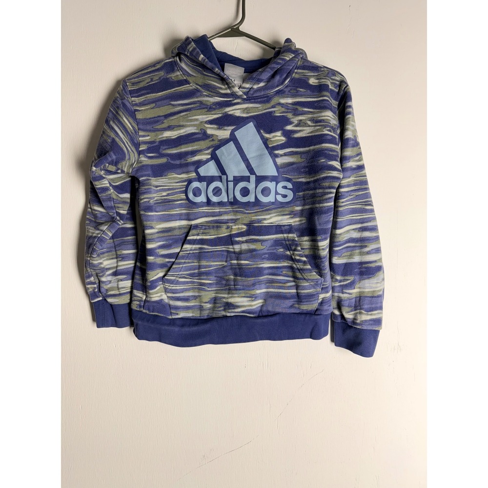 Adidas Boys Fleece Hoodie Blue Green Camo Logo Sweatshirt Size M 10/12 Regular